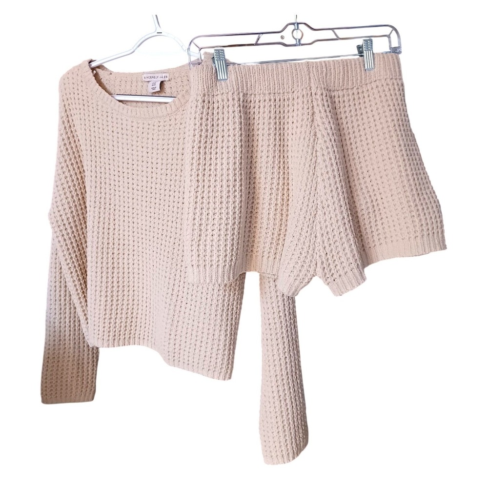Sincerely Jules 2pc Beige Waffle Knit Sweater & Shorts Lounge Set M Crew Scandi